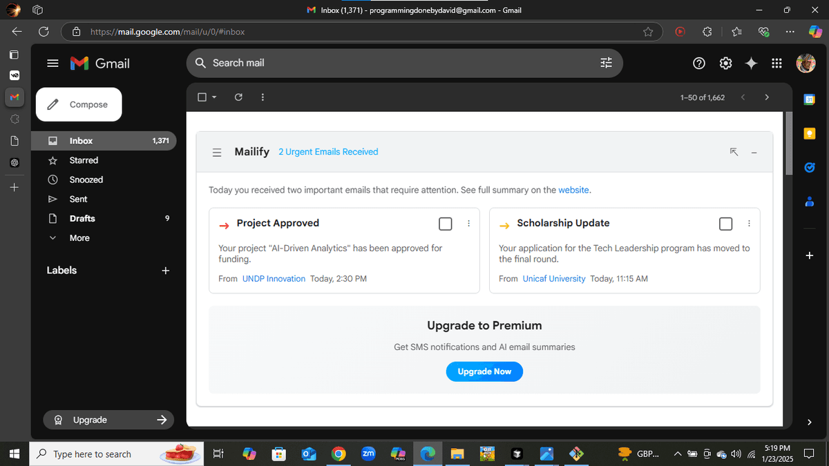 Mailify interface showing email summaries